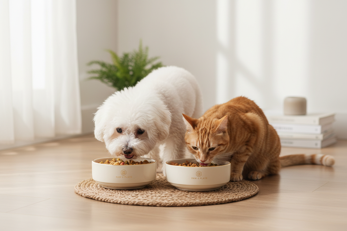 Cão pequeno e gato a comer